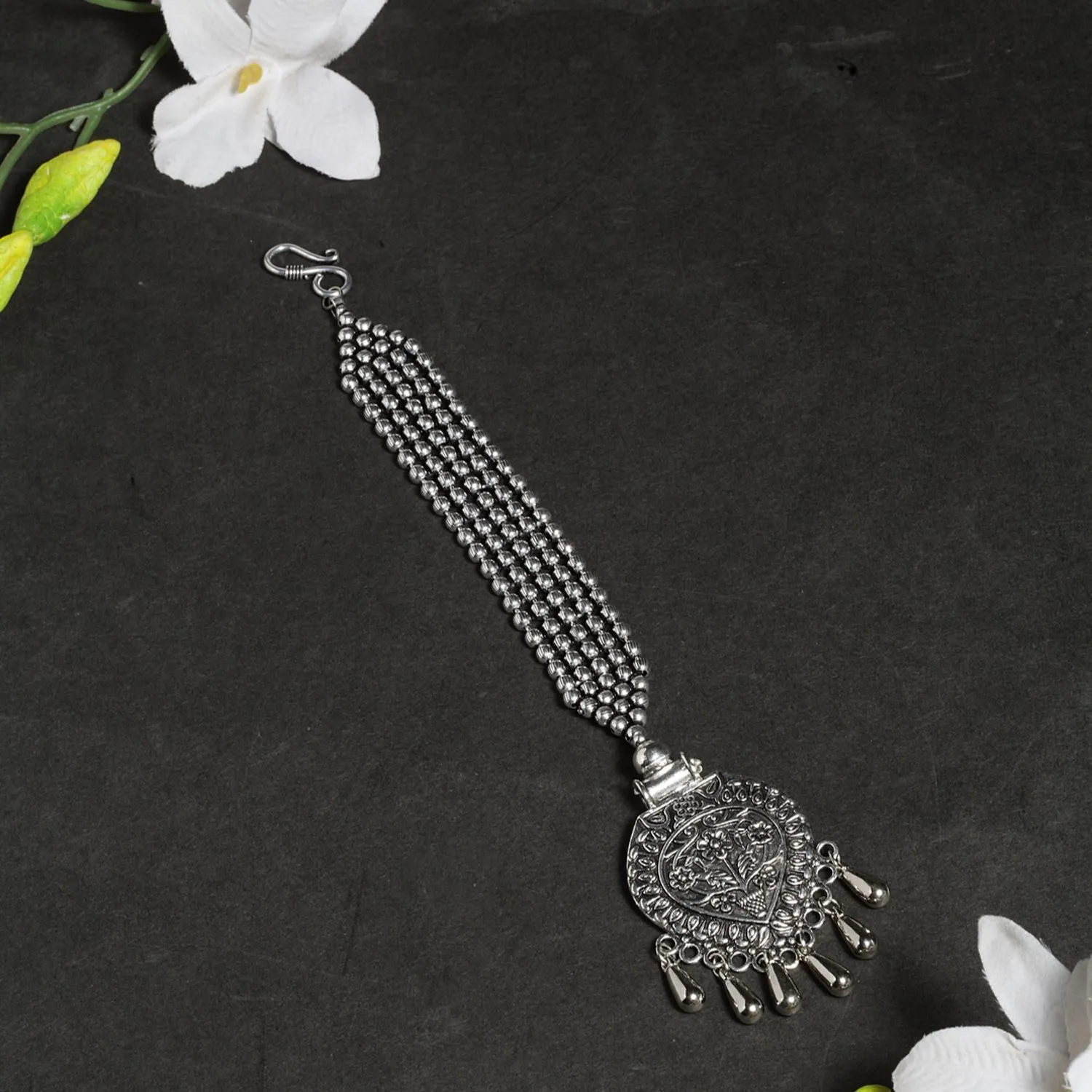 Moedbuille Oxidised Silver Plated Antique Temple Design Leheriya Textured Style Maang Tikka