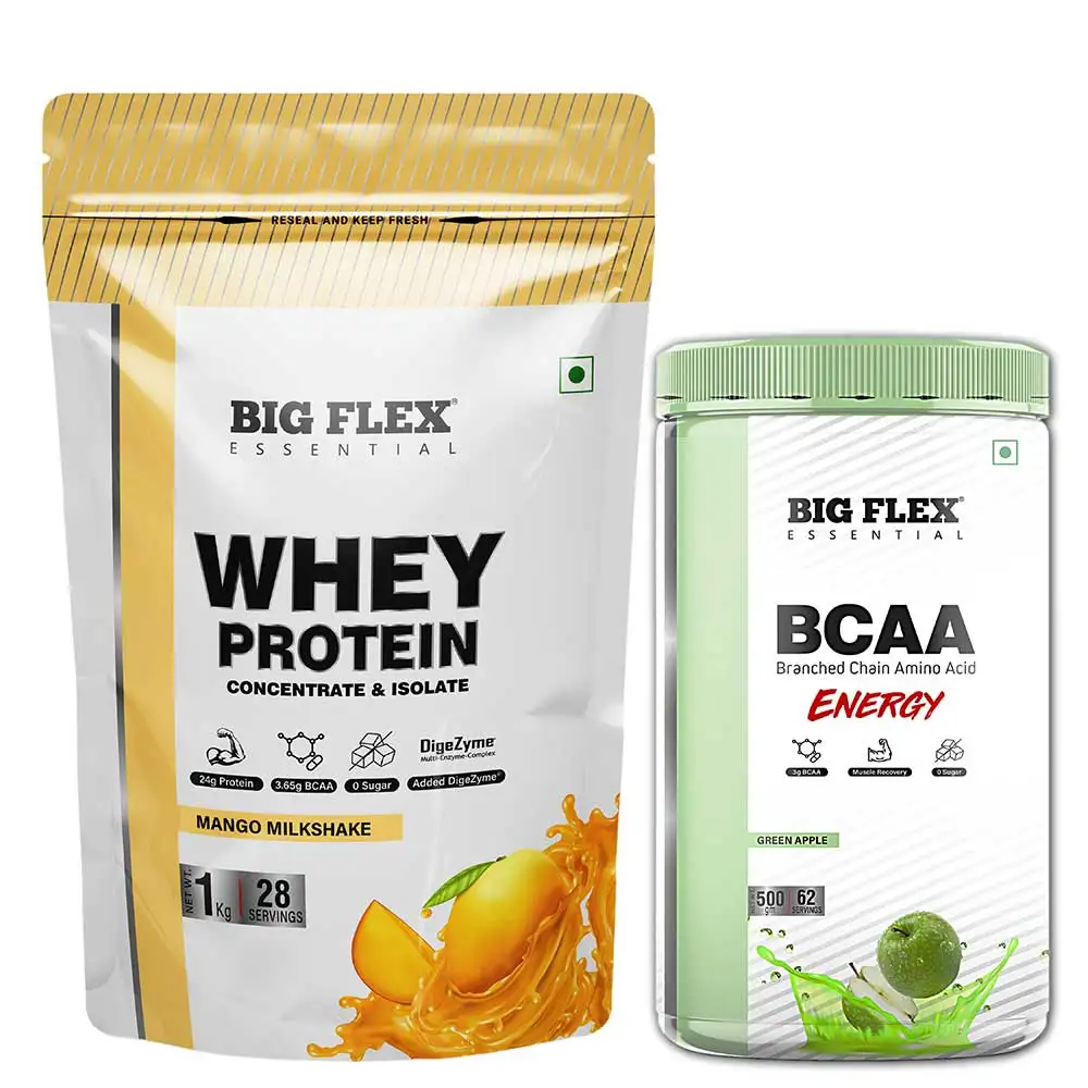 Big Flex Essential Whey Protein Concentrate & Isolate,  2.2 lb  Mango Milkshake with Bigflex Essential Bcaa Energy Green Apple 500g