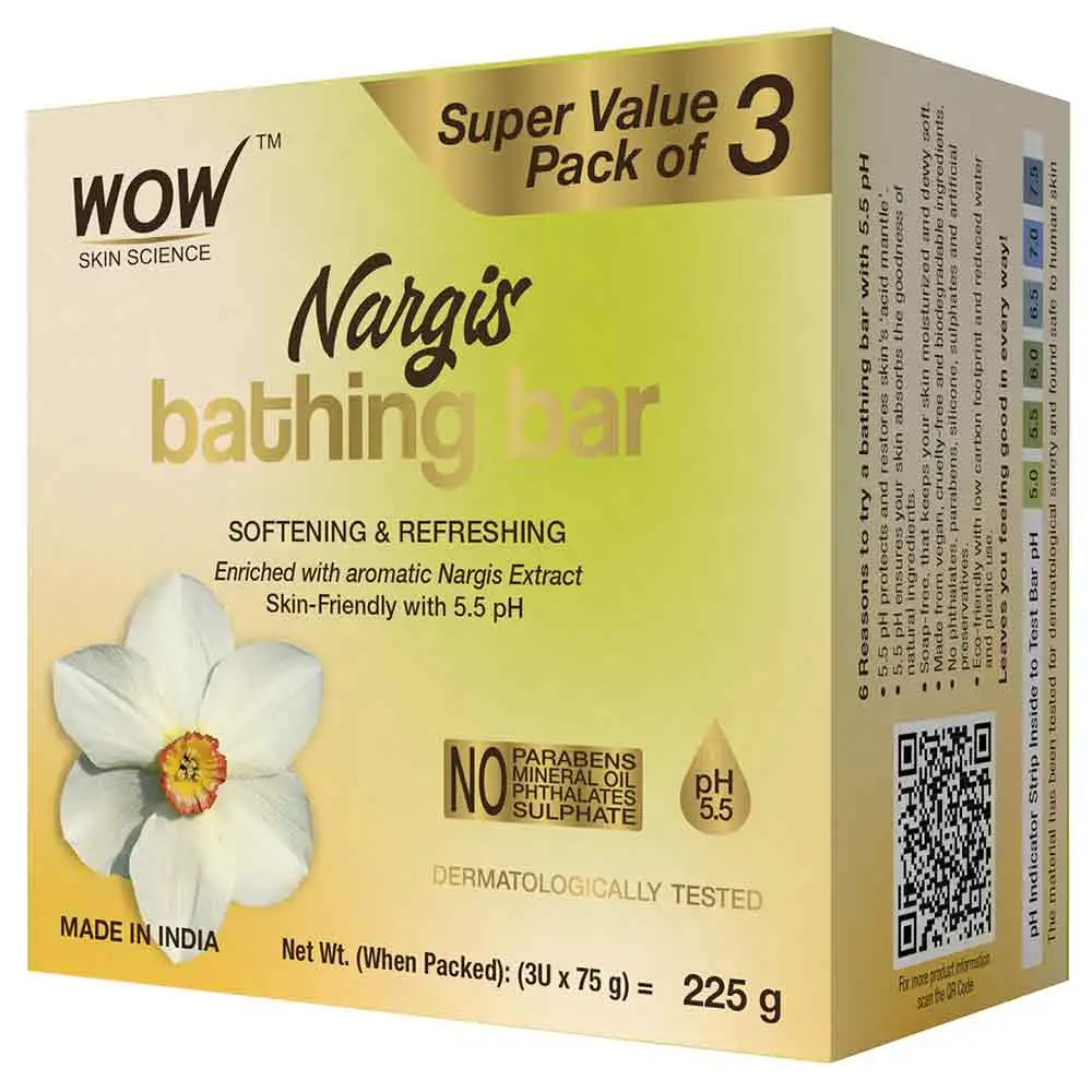 WOW Skin Science Nargis Bathing Bar,  75 g  Softening & Refreshing (Pack of 3)