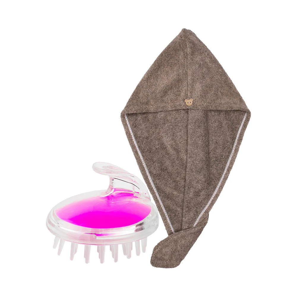 Streak Street Microfiber Hair Towel- Espresso + Fuschia Fun Pink Scalp Massager And Shampoo Brush