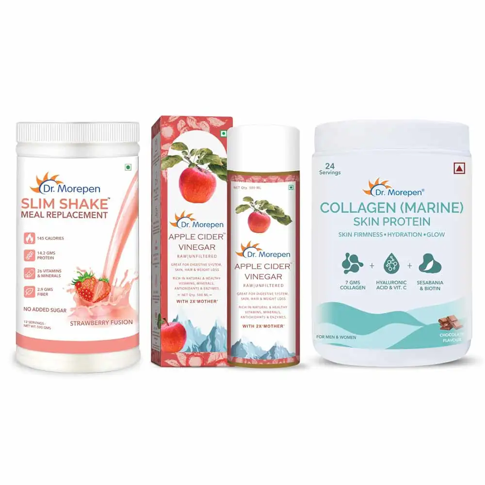 Dr. Morepen Slim Shake 500g, Apple Cider Vinegar 500ml & Marine Collagen Skin Protein 240g Combo,  3 Piece(s)/Pack  Shake-Strawberry Fusion, Collagen-Chocolate