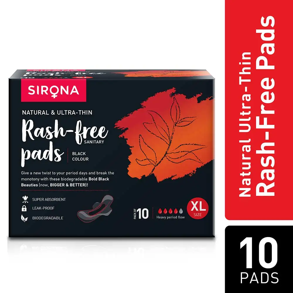 Sirona Natural & Ultra Thin Rash Free Pads,  10 Piece(s)/Pack  Heavy Period Flow (XL) Black