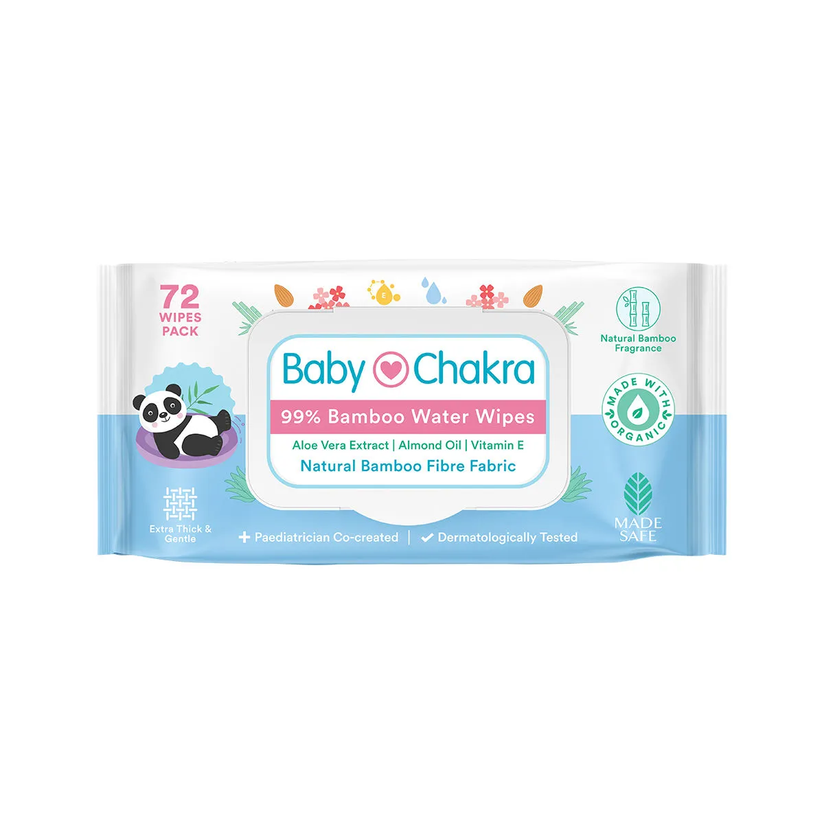 BabyChakra 99% Bamboo Water Soft Wipes With Lid, Alcohol-Free, Dermatologically Tested - 72 Wipes