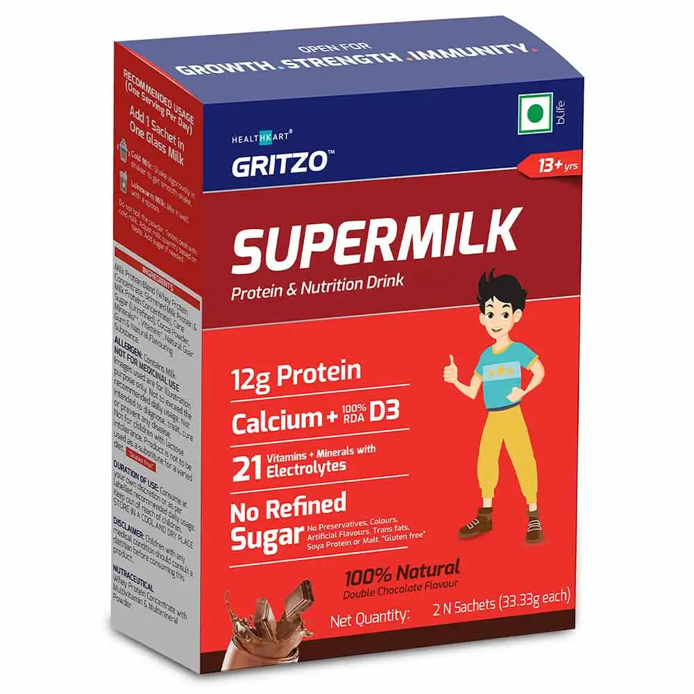 Gritzo SuperMilk Protein & Nutrition Drink Mix 13+ yrs,  60 g  Double Chocolate (Trial Pack)