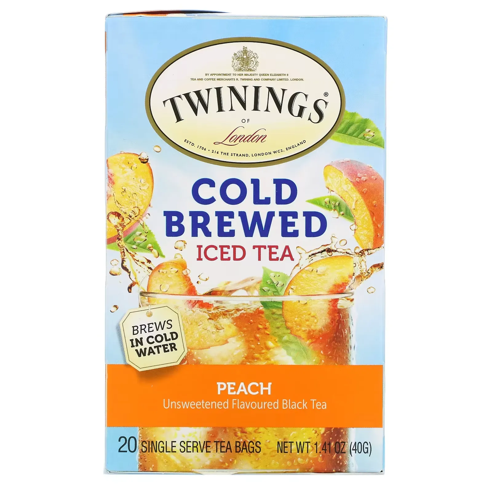 Cold Brewed Iced Tea, Unsweetened Flavoured Black Tea, Peach, 20 Tea Bags, 1.41 oz (40 g)