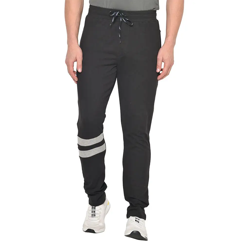 Fitinc Cotton Double Strip Designed Trackpant with Both Side Zipper,  Black  Small