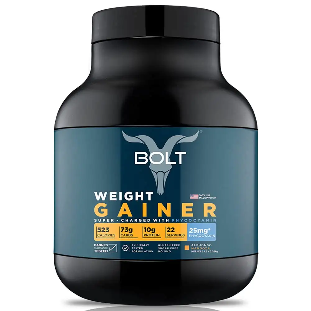 Bolt Weight Gainer Super-Charged with Phycocyanin,  5 lb  Alphonso Mangoza with Free Shaker