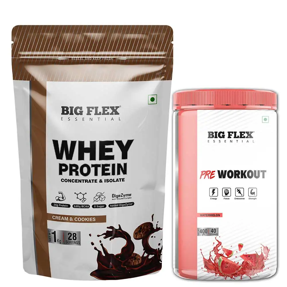 Big Flex Essential Whey Protein Concentrate & Isolate,  2.2 lb  Cookies & Cream with Bigflex Essential Pre-Workout Watermelon 400g