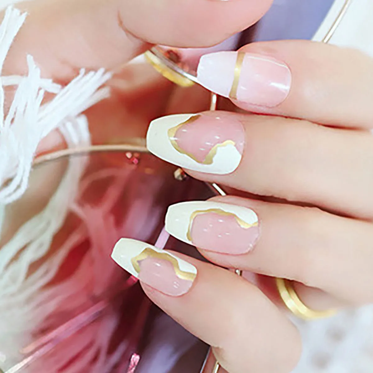 Pipa Bella by  Fashion White Stick On Nails with Gold Outlines