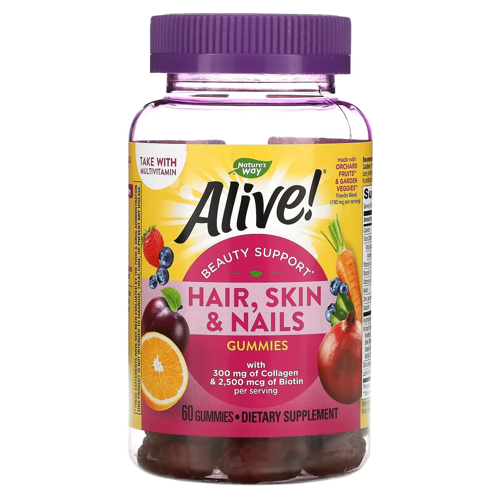 Alive! Hair, Skin & Nails with Collagen & Biotin, Strawberry, 60 Gummies