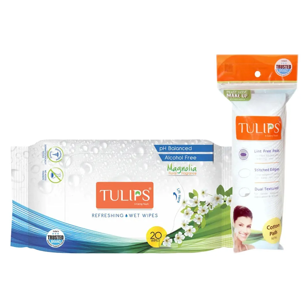 Tulips Combo Pack Of Refreshing Wet Wipes (Magnolia Fragrance) & Cotton Pad