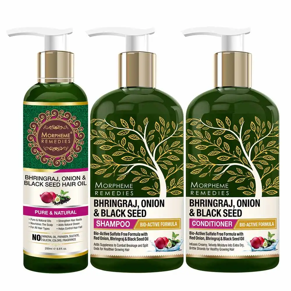 Morpheme Remedies Bhringraj Onion & Black Seed Combo,  3 Piece(s)/Pack  Hair Shampoo 300ml + Conditioner 300ml + Hair Oil 200ml