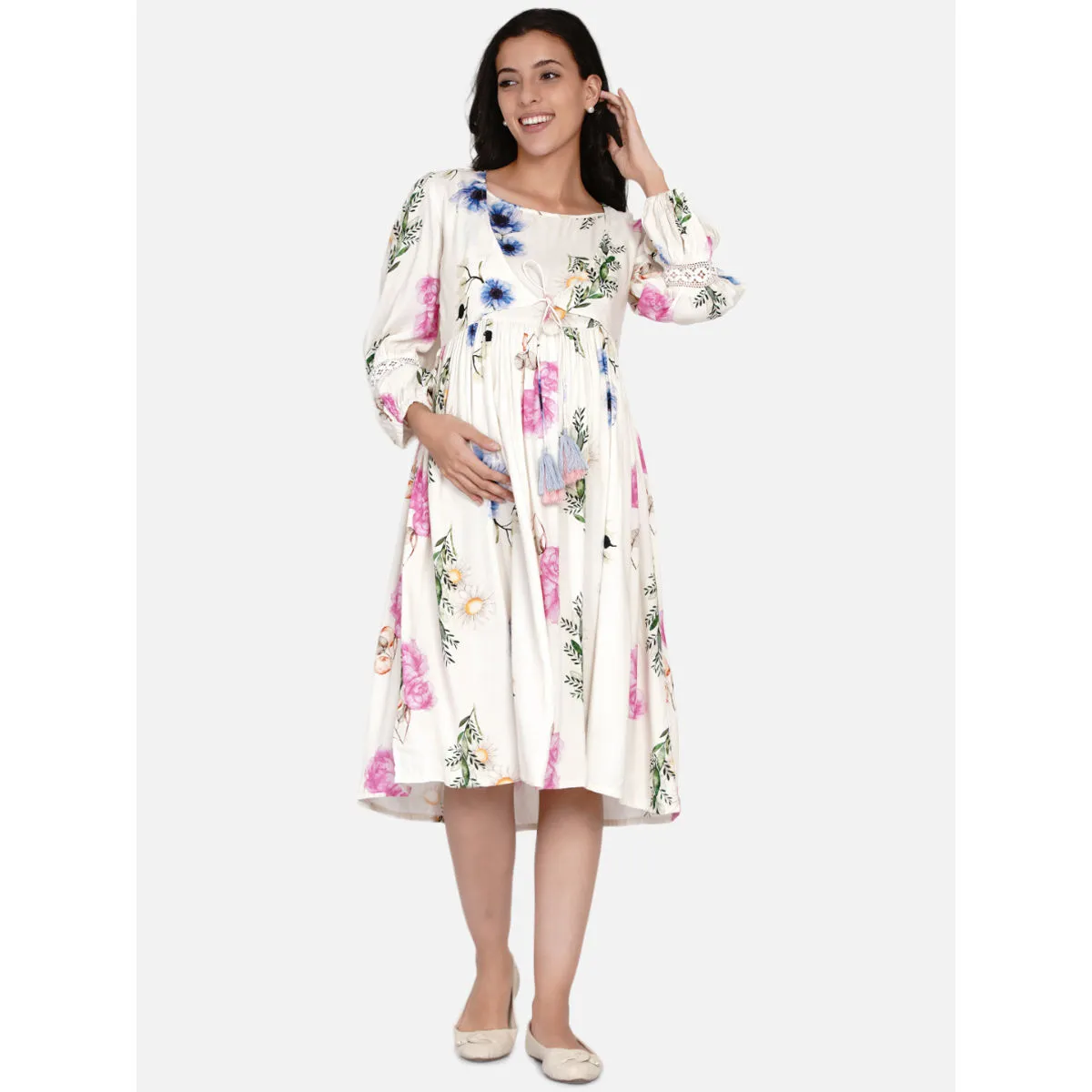 The Kaftan Company Brushed Flora Off-white Maternity And Nursing Dress Off white