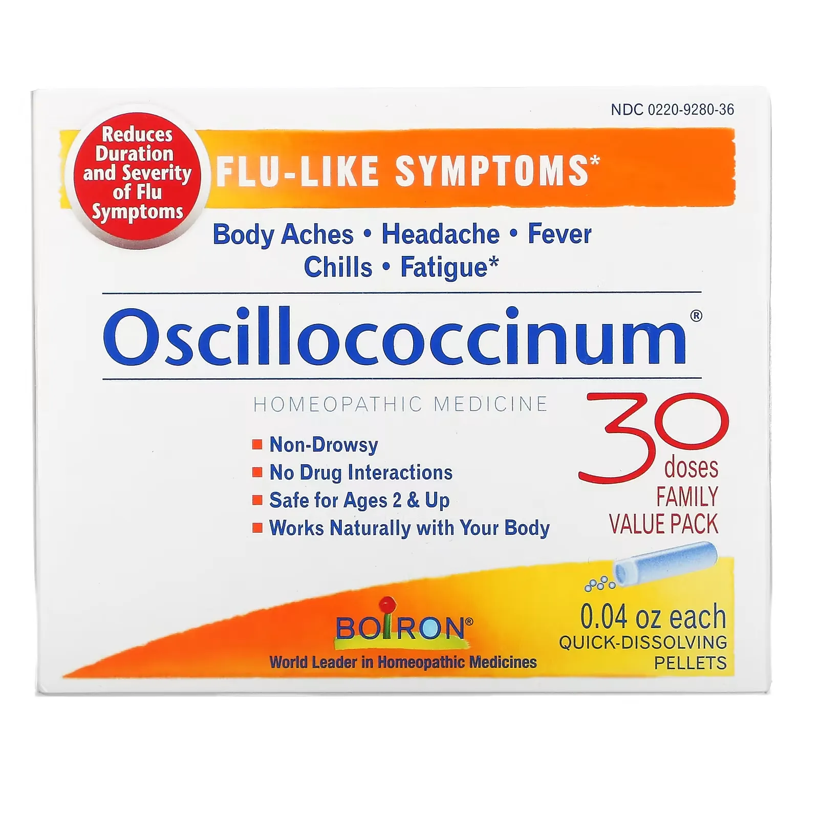 Oscillococcinum, Flu-Like Symptoms, Age 2 & Up, 30 Quick-Dissolving Pellets , 0.04 oz Each