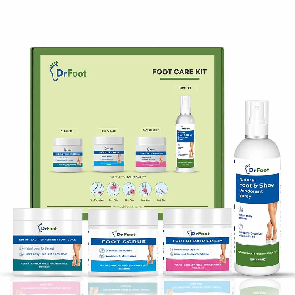 Dr Foot Foot Care Combo (Cream 100gm +Scrub 100gm +Foot/Shoe Deodorant Spray 100ml +Epsom Salt Foot Soak 200gm),  4 Piece(s)/Pack  for All Skin Type