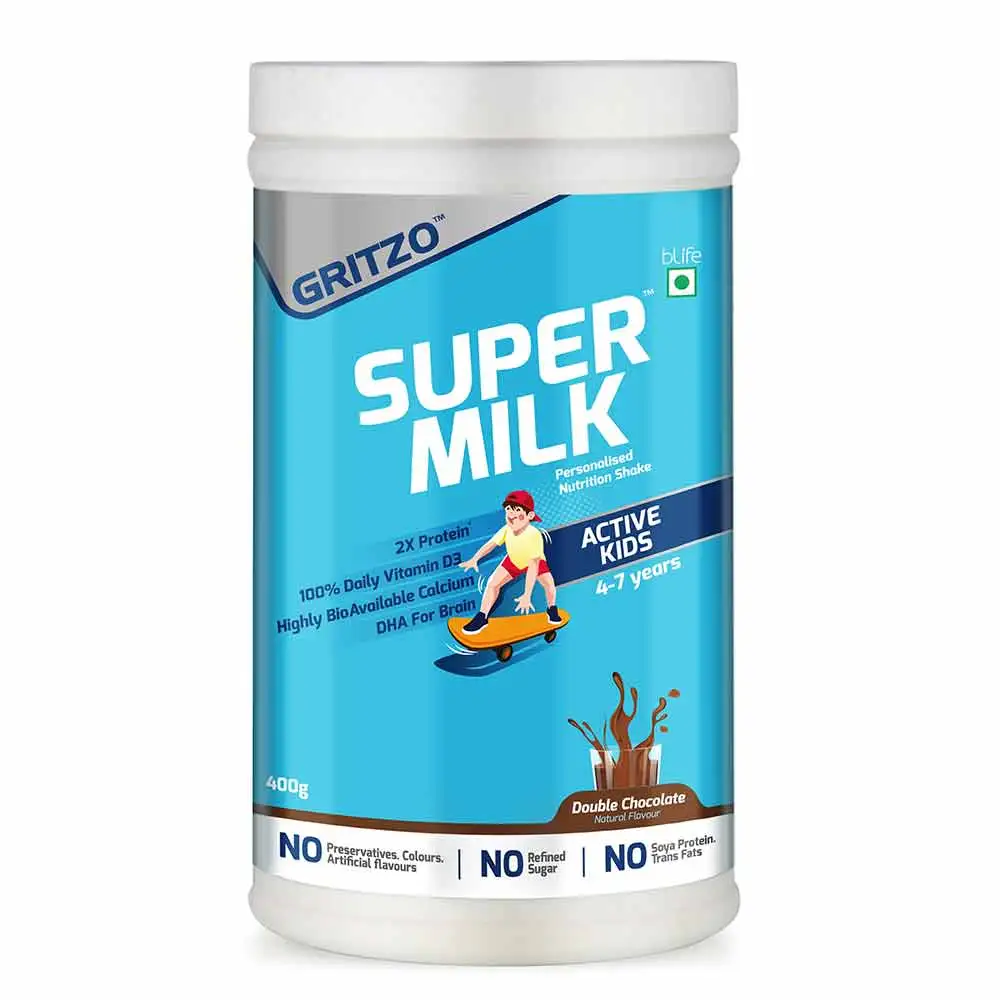 Gritzo SuperMilk Protein Health Drink for Active Kids 4-7 Yrs OP,  400 g  Natural Double Chocolate