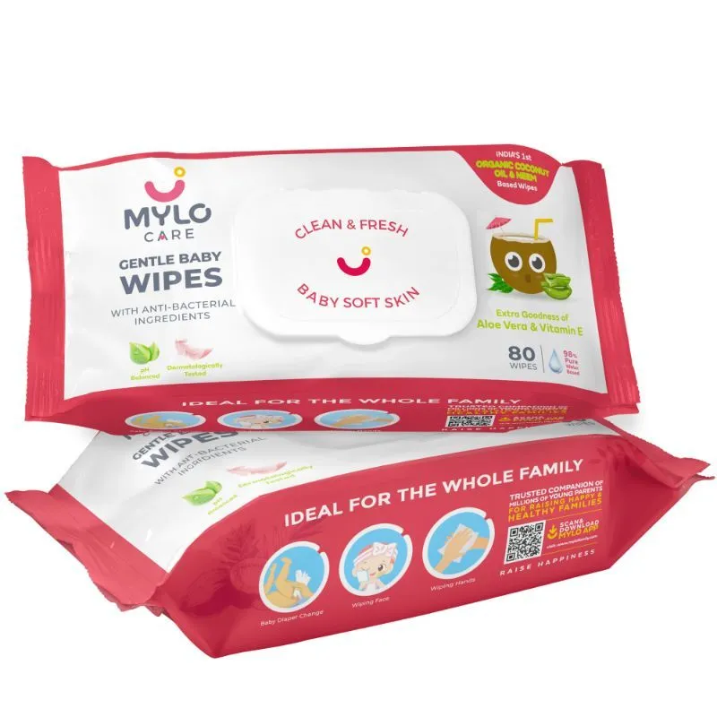 Mylo Care Gentle Baby wipes with 98% Pure Water, Coconut Oil & Neem With Lid - Pack of 2