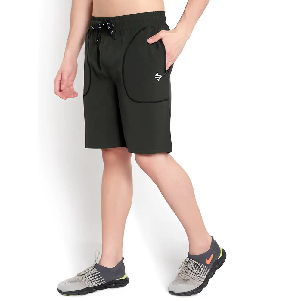 John Ally Dry-Fit Gym Workout Shorts with Zipper Pockets & Color Block Detailing,  Small  Dark Olive Green