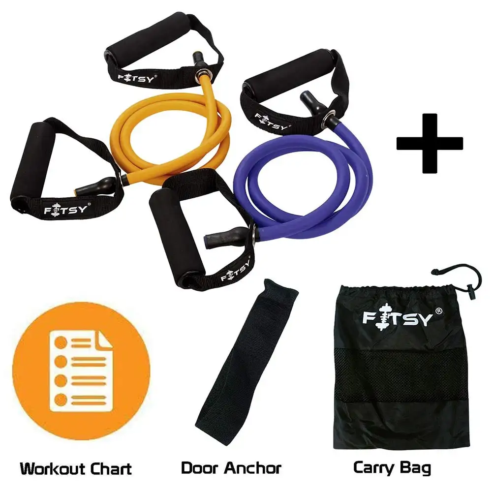 Fitsy Resistance Toning Tube + Door Anchor + Carry Pouch + Workout Chart (AR1264-65),  Orange Purple Black  Light and Medium