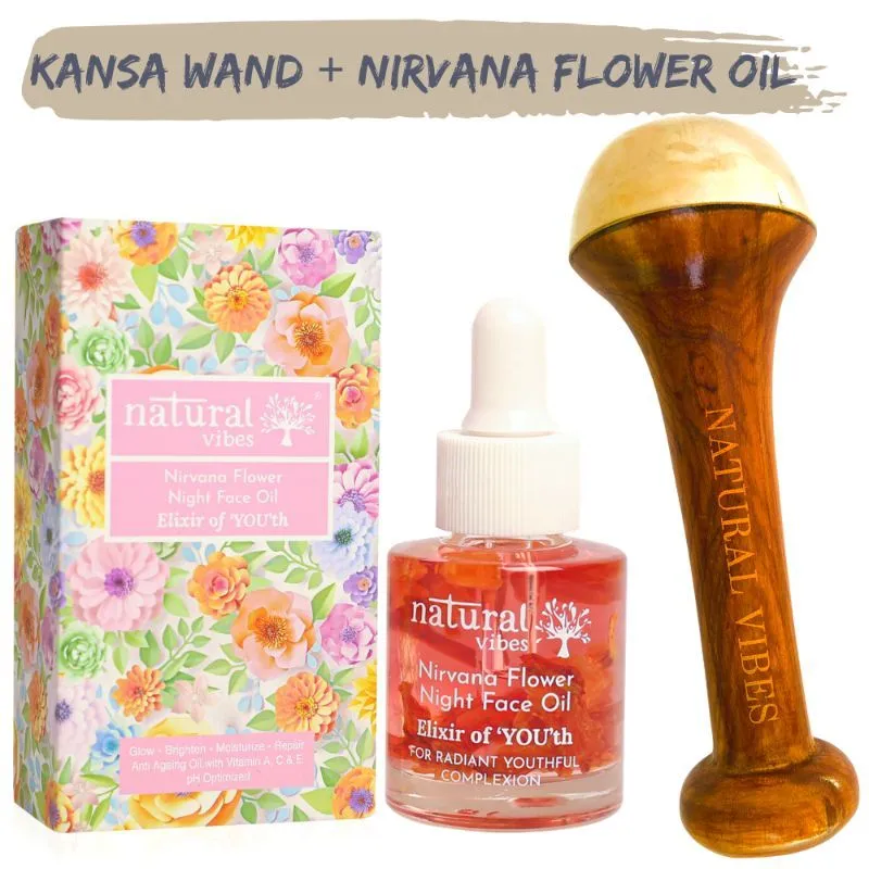 Natural Vibes Kansa Wand Face Roller + Nirvana Anti Ageing Flower Oil