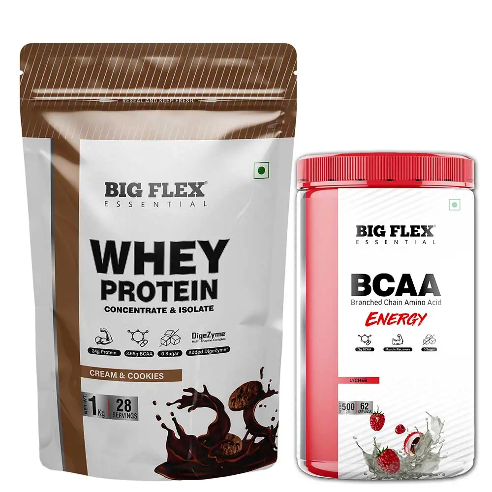 Big Flex Essential Whey Protein Concentrate & Isolate,  2.2 lb  Cream & Cookies with Bigflex Essential Bcaa Energy Lychee 500g