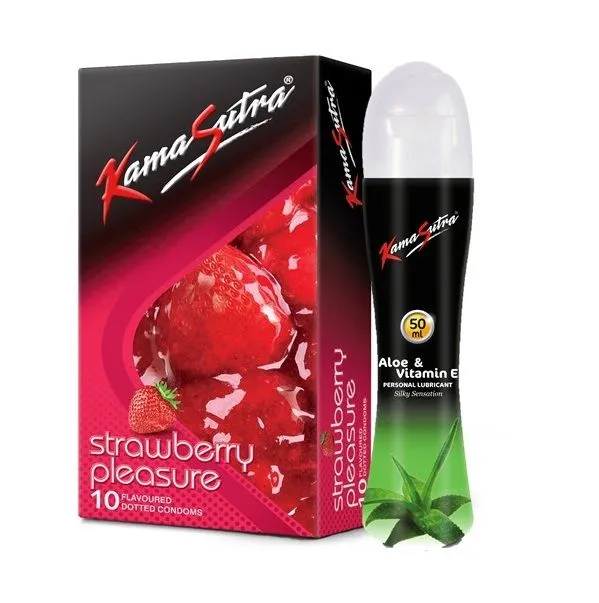 KamaSutra Strawberry Pleasure Flavoured Condoms, 10 Units With Aloe Vera Lubricant 50ml