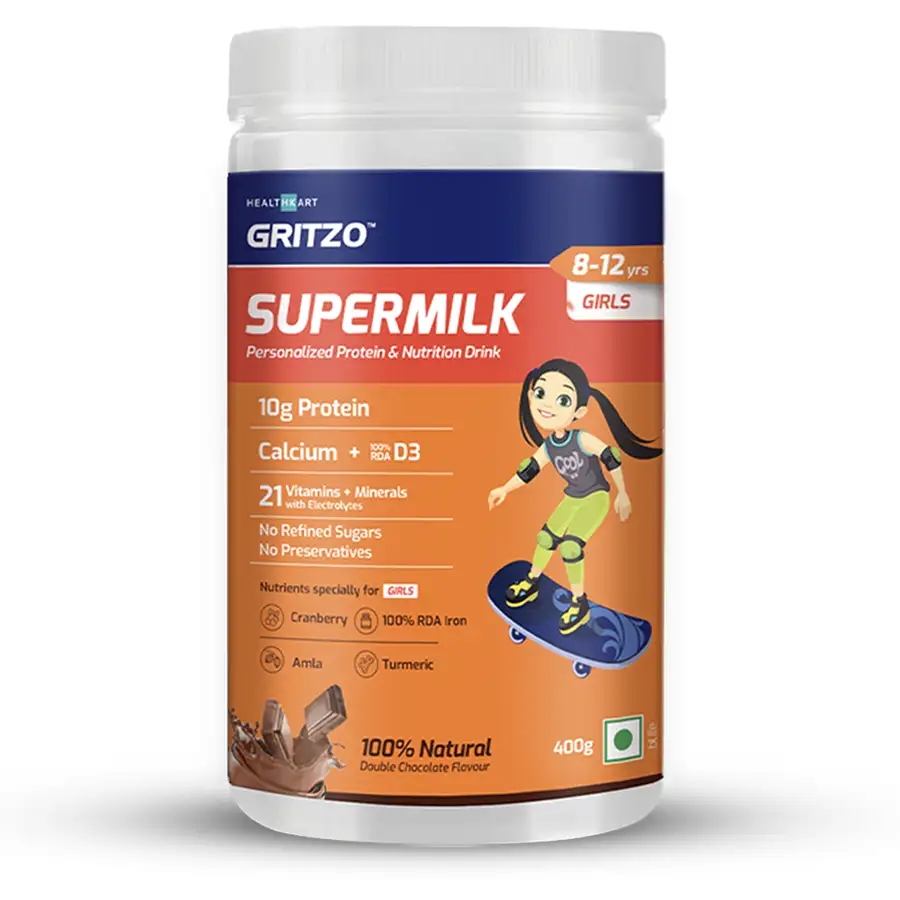 Gritzo SuperMilk Personalized Protein & Nutrition Drink For 8-12yr Girls OP,  400 g  Natural Double Chocolate