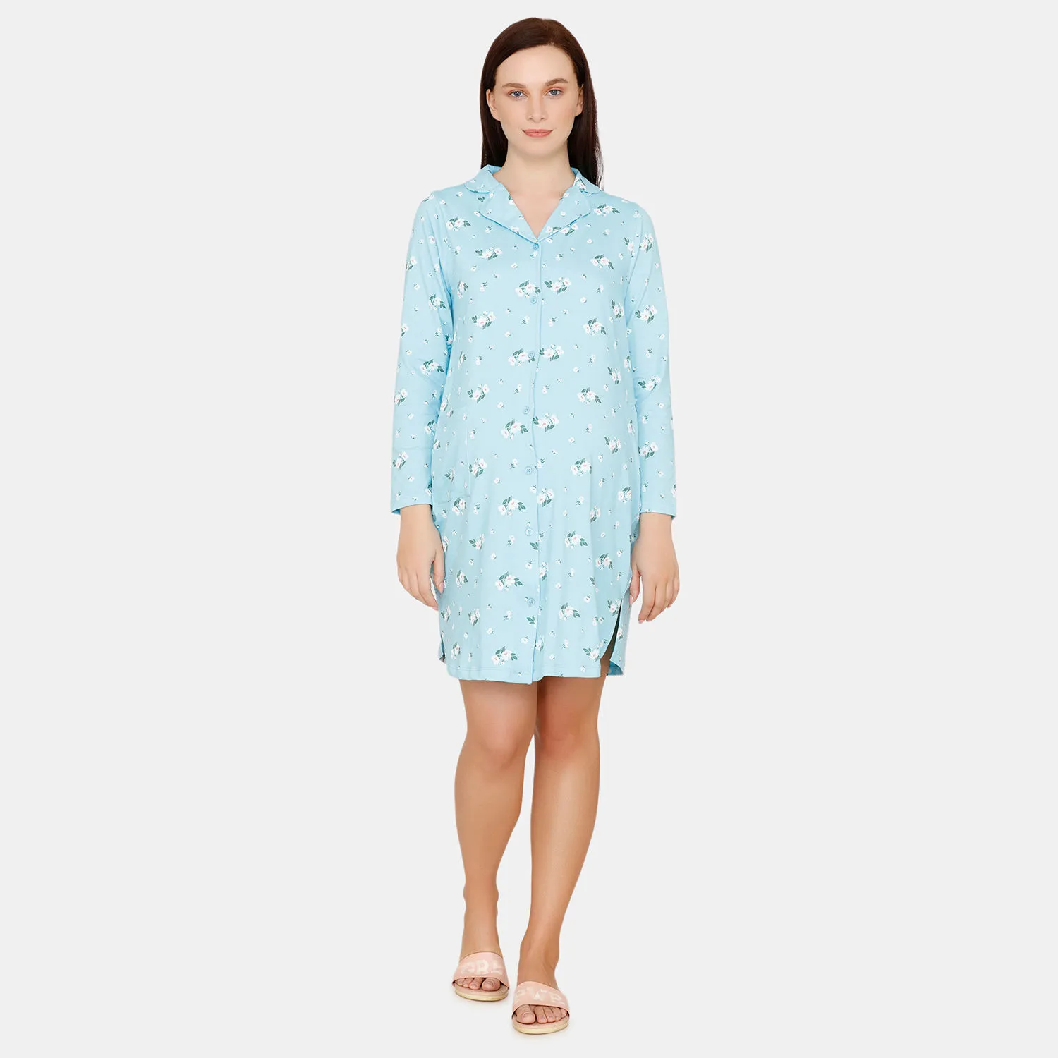 Zivame Maternity Cotton Mid Length Nightdress - Medieval - Blue