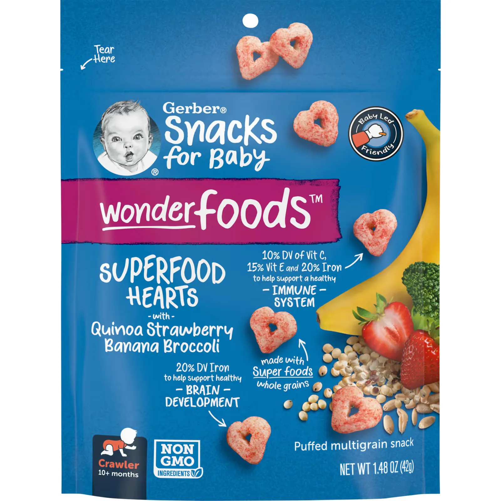 Snacks for Baby, Wonderfoods, Puffed Multigrain Snack, Superfood Hearts, 10+ Months, Quinoa, Strawberry, Banana, Broccoli, 1.48 oz (42 g)