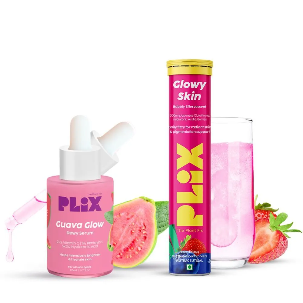 Plix Glutathione Skin Glow 15 Effervescent Tablets And Guava Serum Combo