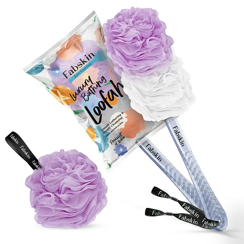 Fabskin Loofah Duo Pack- Bath Brush With Long Handle & Round Loofah- For Men & Women- Purple & White