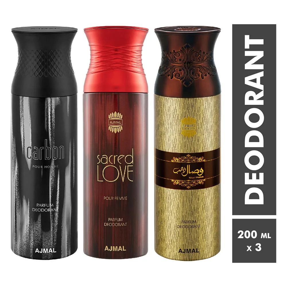 Ajmal Carbon, Sacred Love & Wisal Dhahab Parfum Deodorant For Men and Women - Pack Of 3