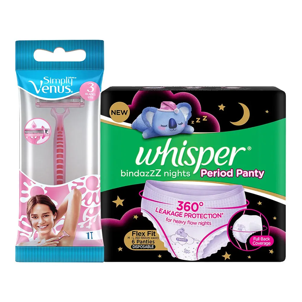 Whisper Nights Combo - Whisper Bindazzz Night Period Panty + Gillette Venus 3 Blades Razor