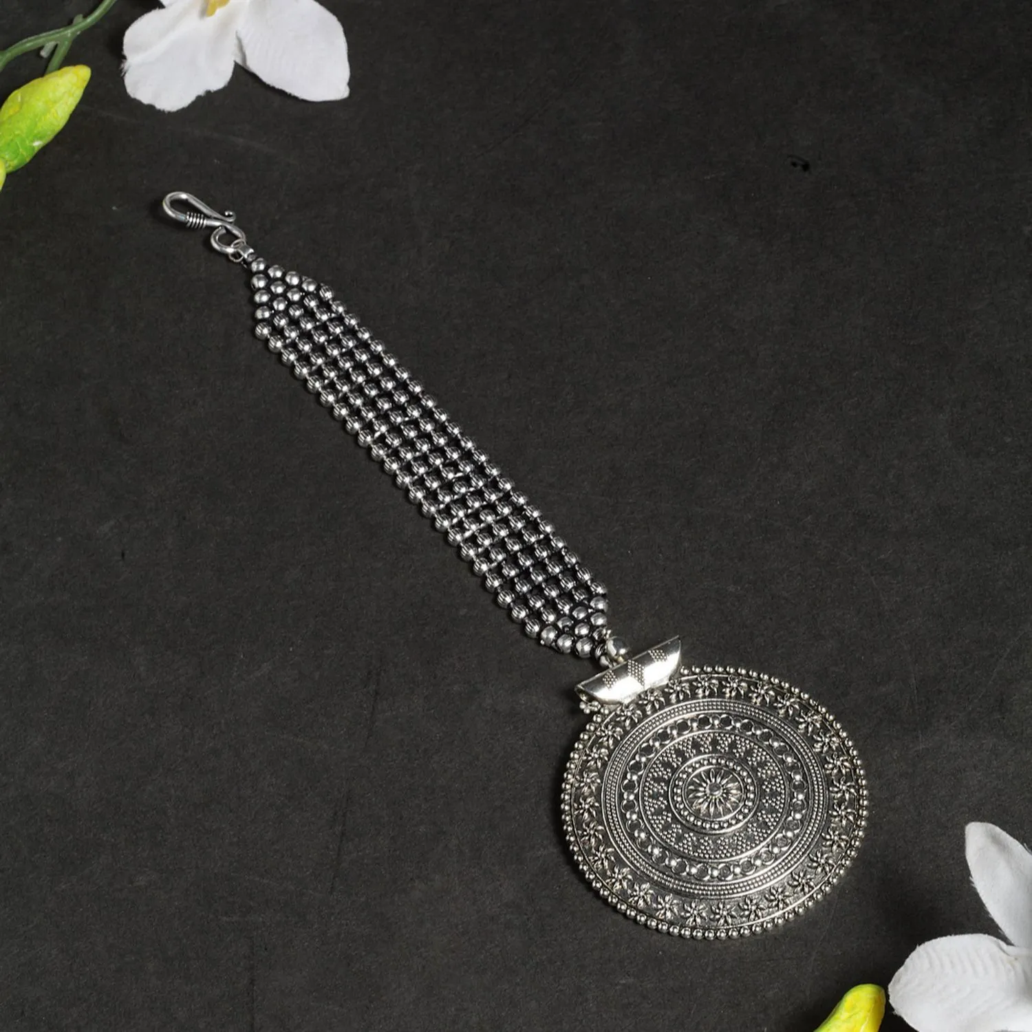 Moedbuille Oxidised Silver Plated Antique Temple Design Leheriya Textured Style Maang Tikka