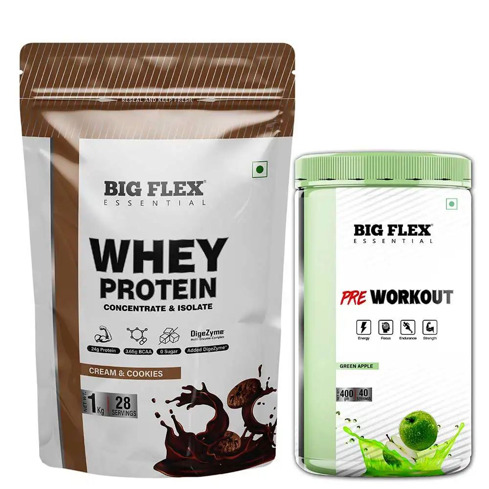 Big Flex Essential Whey Protein Concentrate & Isolate,  2.2 lb  Cookies & Cream with Bigflex Essential Pre-Workout Green Apple 400g