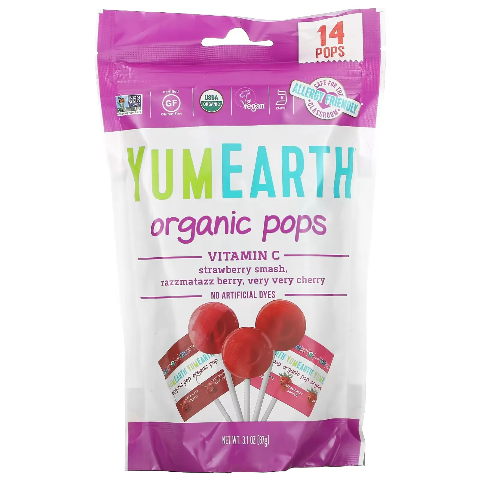 Organic Pops, Vitamin C, Strawberry Smash, Razzmatazz Berry, Very Very Cherry, 14 Pops, 3.1 oz (87 g)