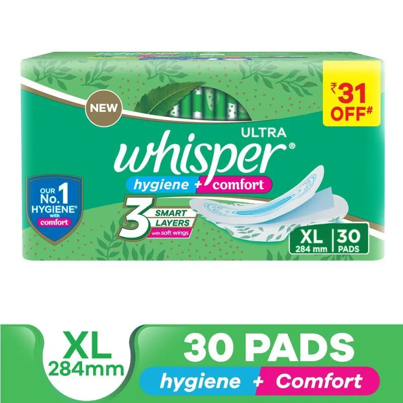 Whisper Ultra Clean Thin XL Sanitary Pads-Hygiene & Comfort, Soft Wings & Dry Top Sheet, 30 Pads