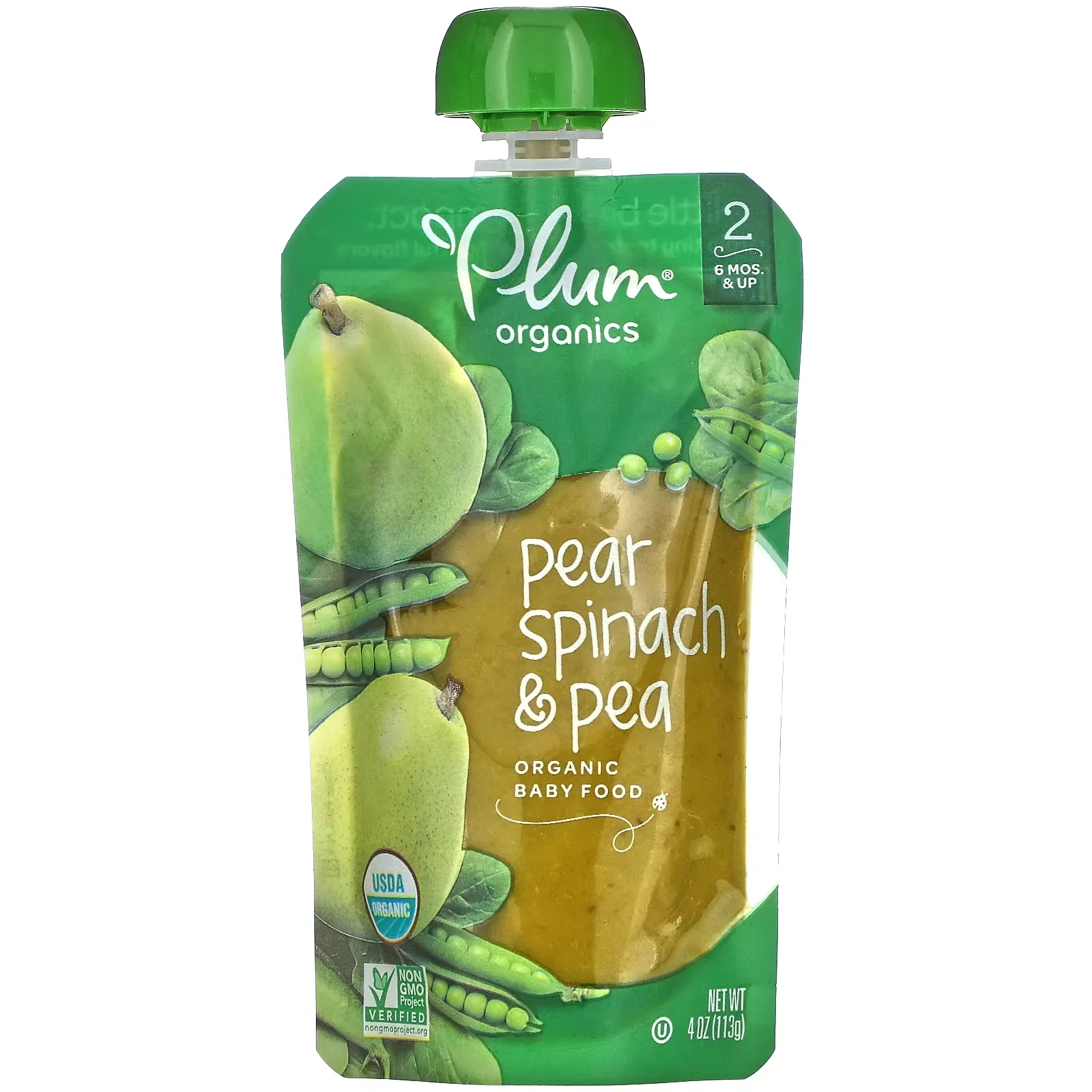 Organic Baby Food, 6 Mons & Up, Pear, Spinach & Pea, 4 oz (113 g)