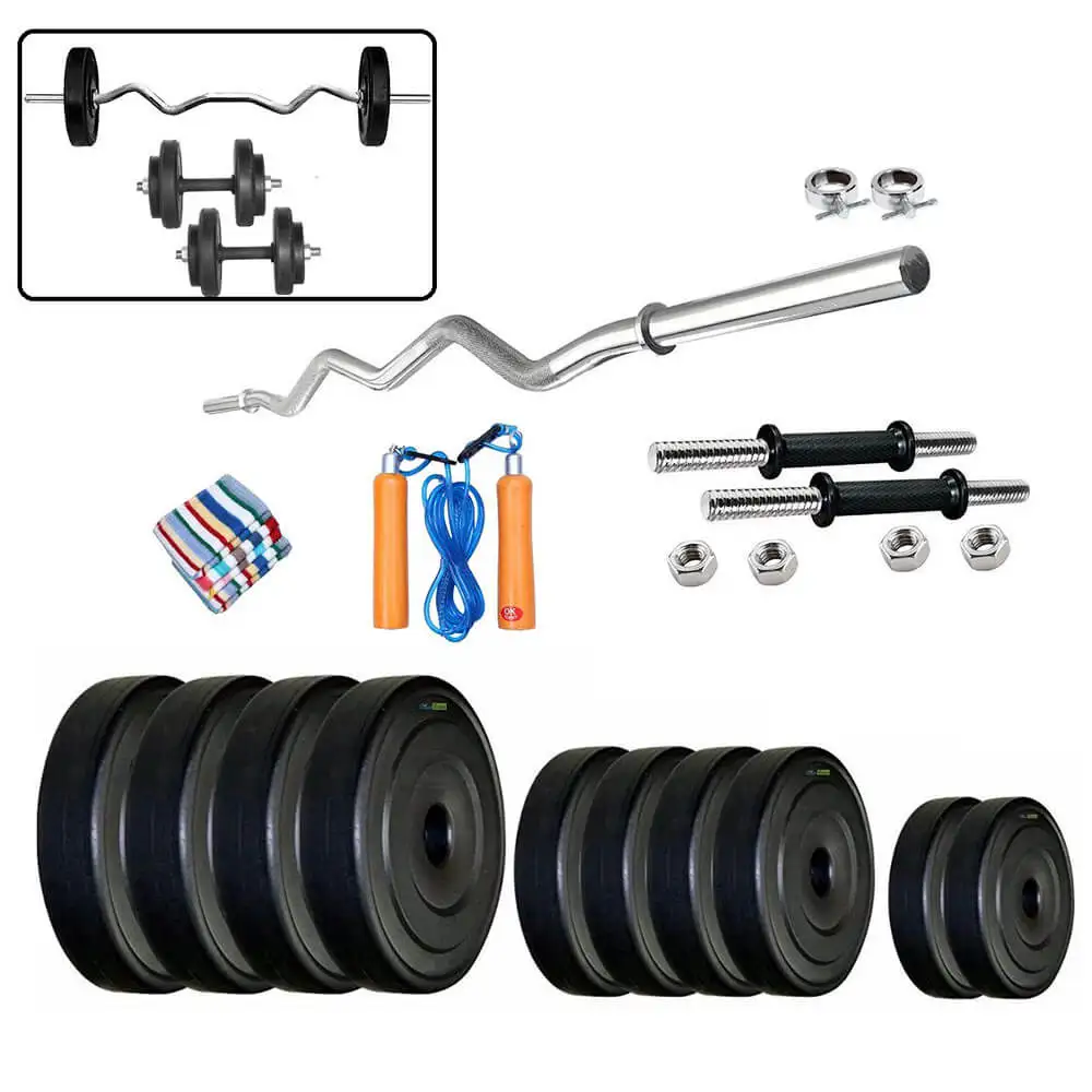 Body Maxx Home Gym Set Rubber Plates + Dumbells Rods + Gloves + Gripper + 3 FT EZ CURL BAR + Locks (20 Kg)