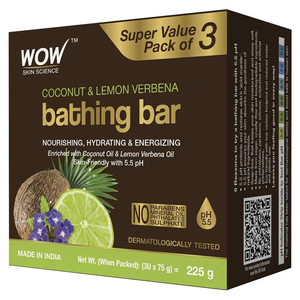 WOW Skin Science Coconut & Lemon Verbena Bathing Bar,  75 g  Hydrating & Energizing (Pack of 3)