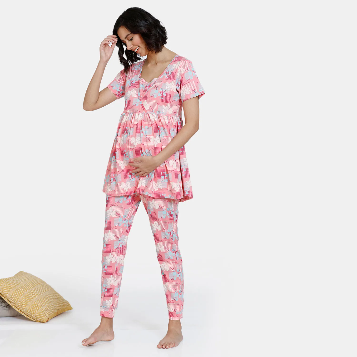 Zivame Maternity Knit Cotton Pyjama Set - Pink Icing (S)