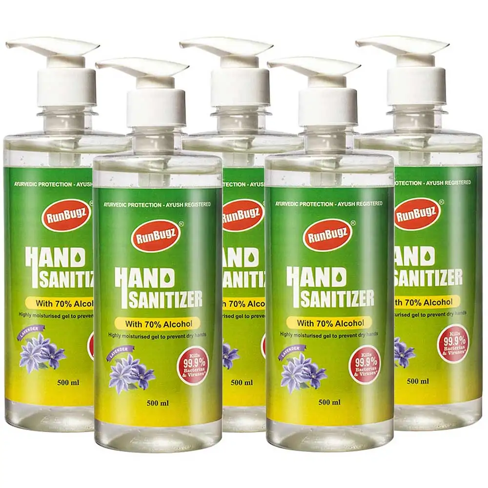 RunBugz Hand Sanitizer with 70% Alcohol,  Lavender  500 ml  Kills 99.9% Bacteria & Virus (Pack of 5)