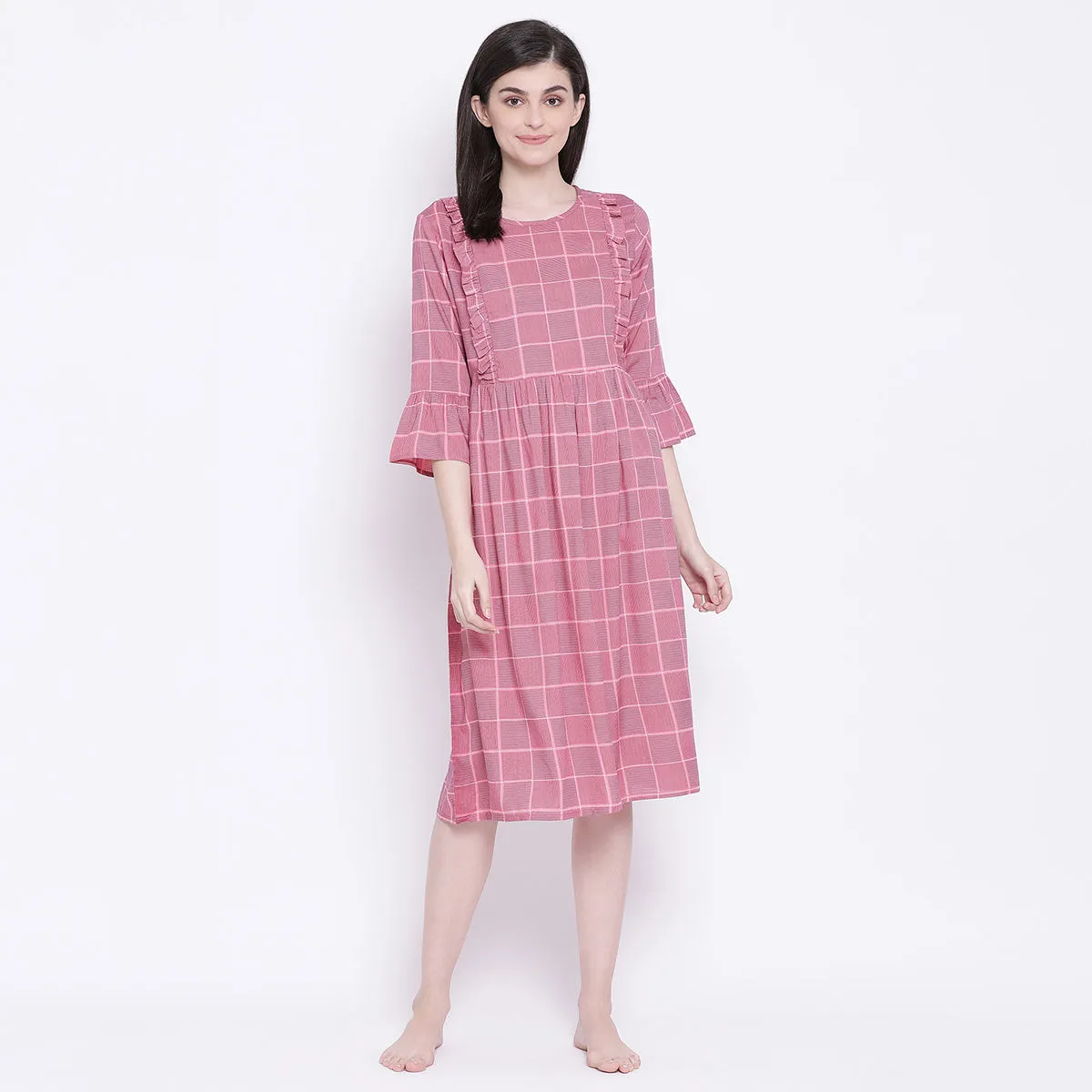 Clovia Print Me Pretty Feeding Short Night Dress in Dark Pink- Rayon