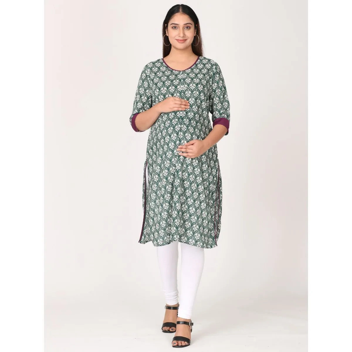 Morph Maternity Feeding Kurta With Vertical Nursing - Green (L)