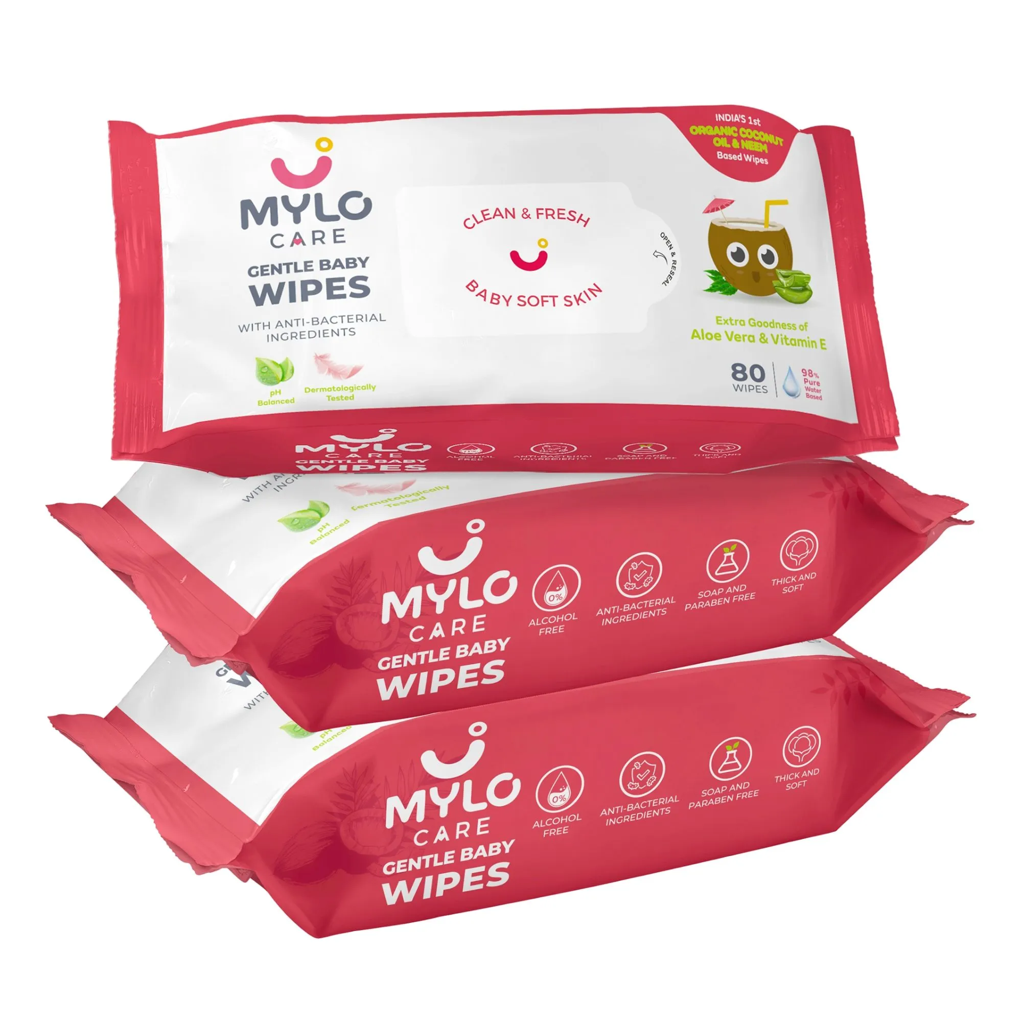 Mylo Care Gentle Baby wipes with 98% Pure Water, Coconut Oil & Neem Without Lid - Pack of 3