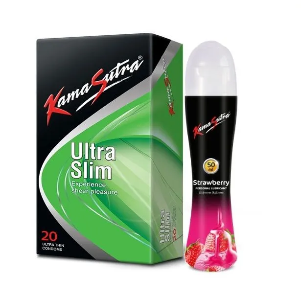 KamaSutra Ultraslim Condoms For Men, 10 Units & Strawberry Flavoured Lubricant 50ml