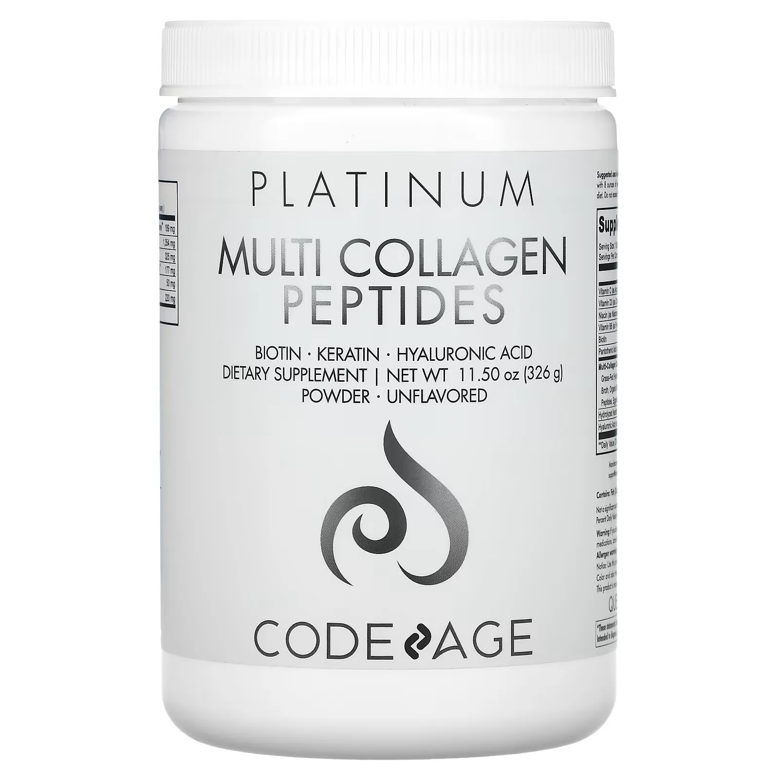 Platinum, Multi Collagen Peptides Powder, Biotin, Keratin, Hyaluronic Acid, Unflavored, 11.50 oz (326 g)