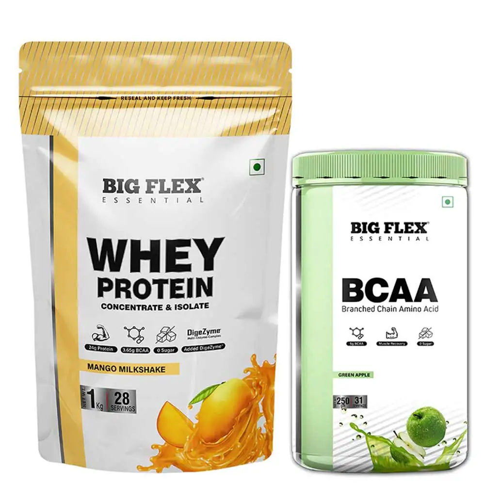 Big Flex Essential Whey Protein Concentrate & Isolate,  2.2 lb  Mango Milkshake with Bigflex Essential Bcaa Green Apple 250g