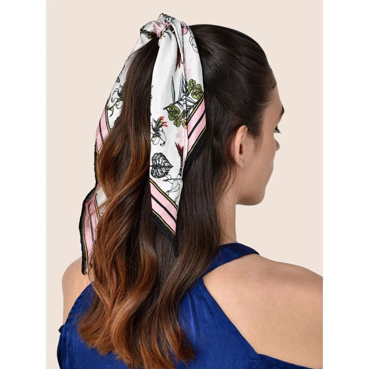 Toniq White Satin Monet Floral Printed Scarf Scrunchie Rubber Band For Women(osxxih84)