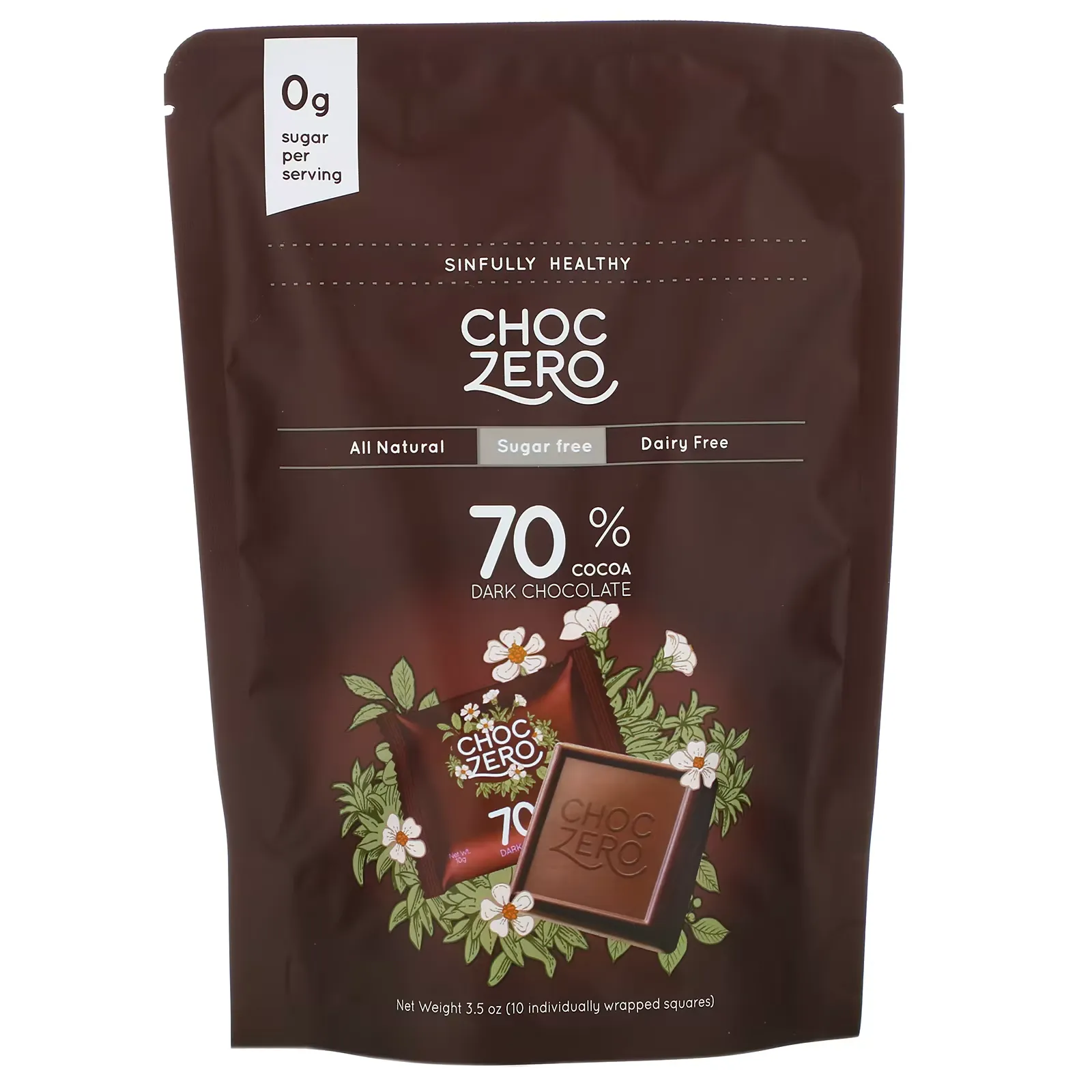 70% Cocoa Dark Chocolate Squares, Sugar Free, 10 Pieces, 3.5 oz